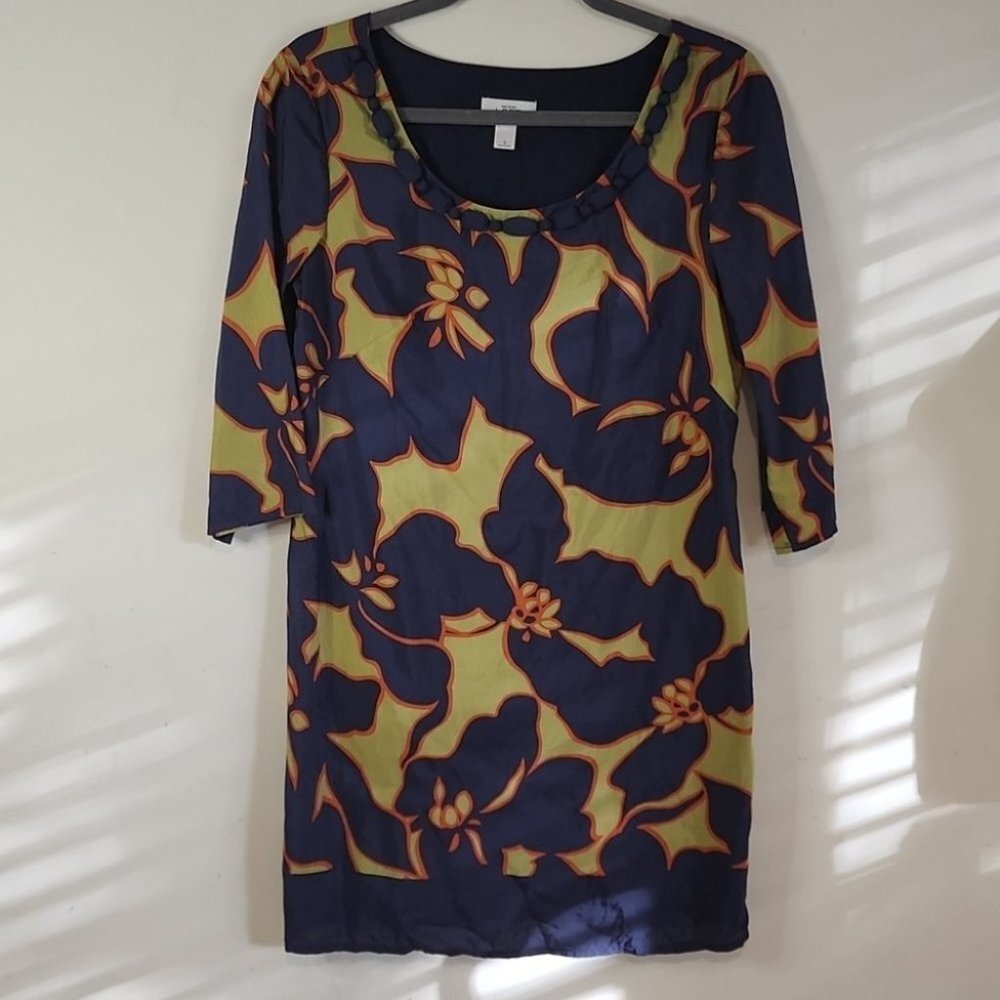 LOFT by Ann Taylor Blue Green Floral Mini Round Neck Mini Shirt Dress 4 T20 - Picture 2 of 10
